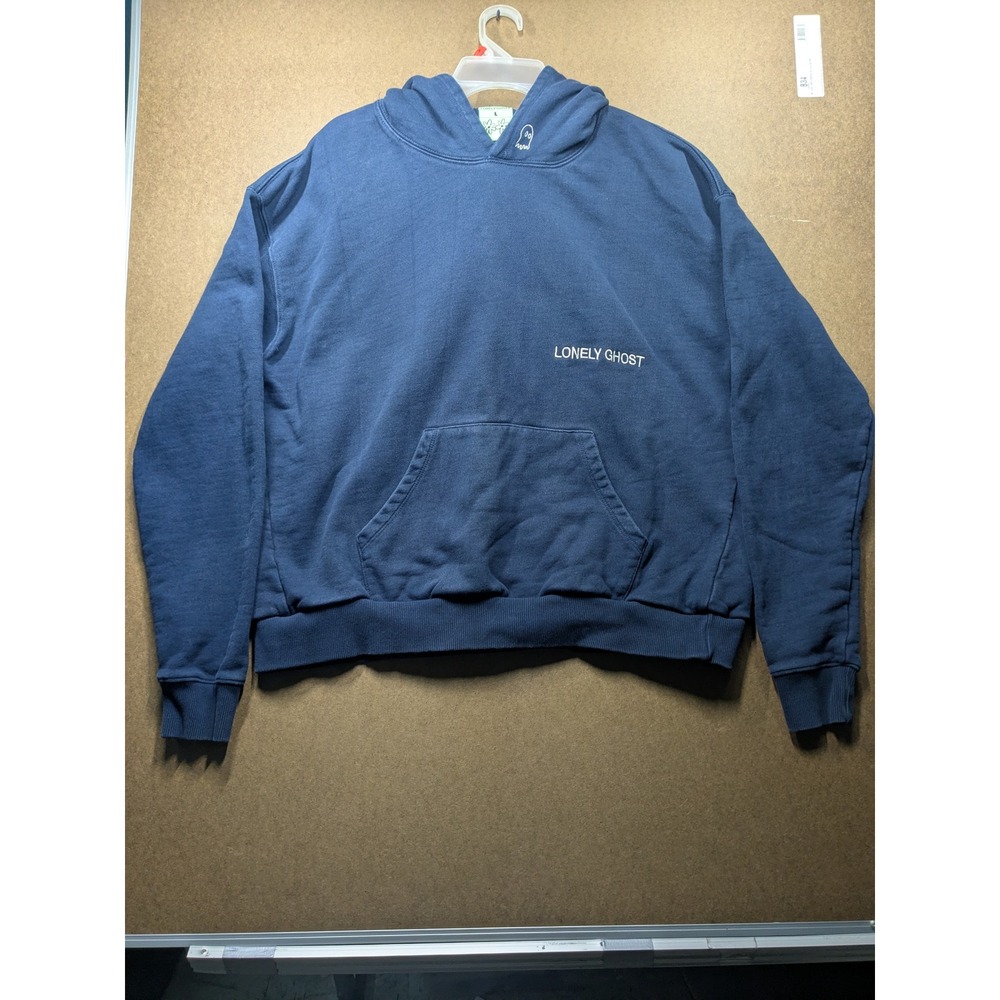Lonely Ghost Navy Blue Cotton French Terry Hoodie Mens Large Relaxed Fit